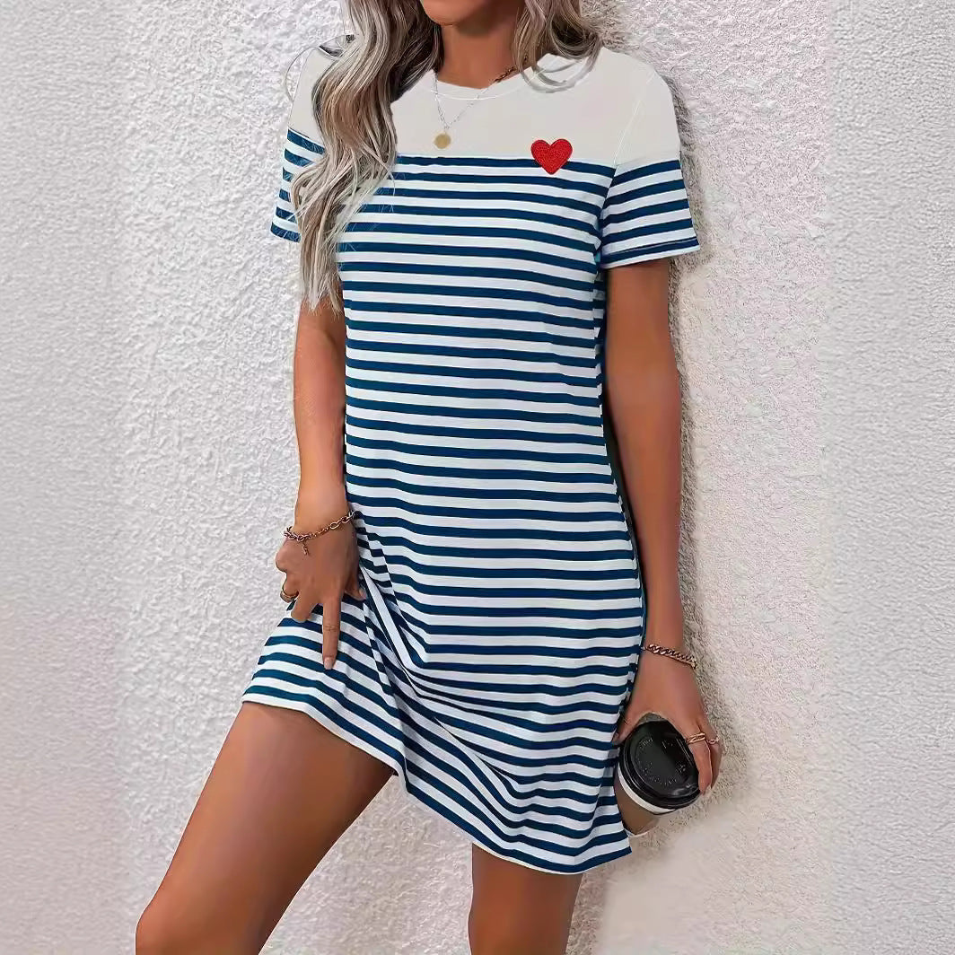 Damenkleid Streifenmuster Herz Applikation Sommerkleid Modern