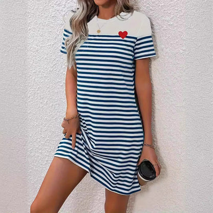 Damenkleid Streifenmuster Herz Applikation Sommerkleid Modern