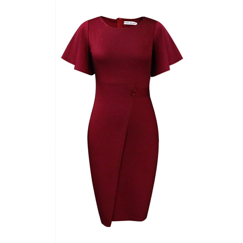 Figurbetontes Damen Midi Kleid Wickelstil Kurzärmelig