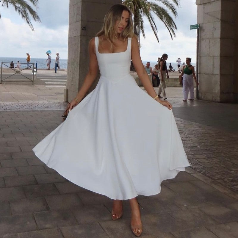A-Linie Maxikleid Quadrat-Ausschnitt Damenkleid Lang - BerlinGlamour