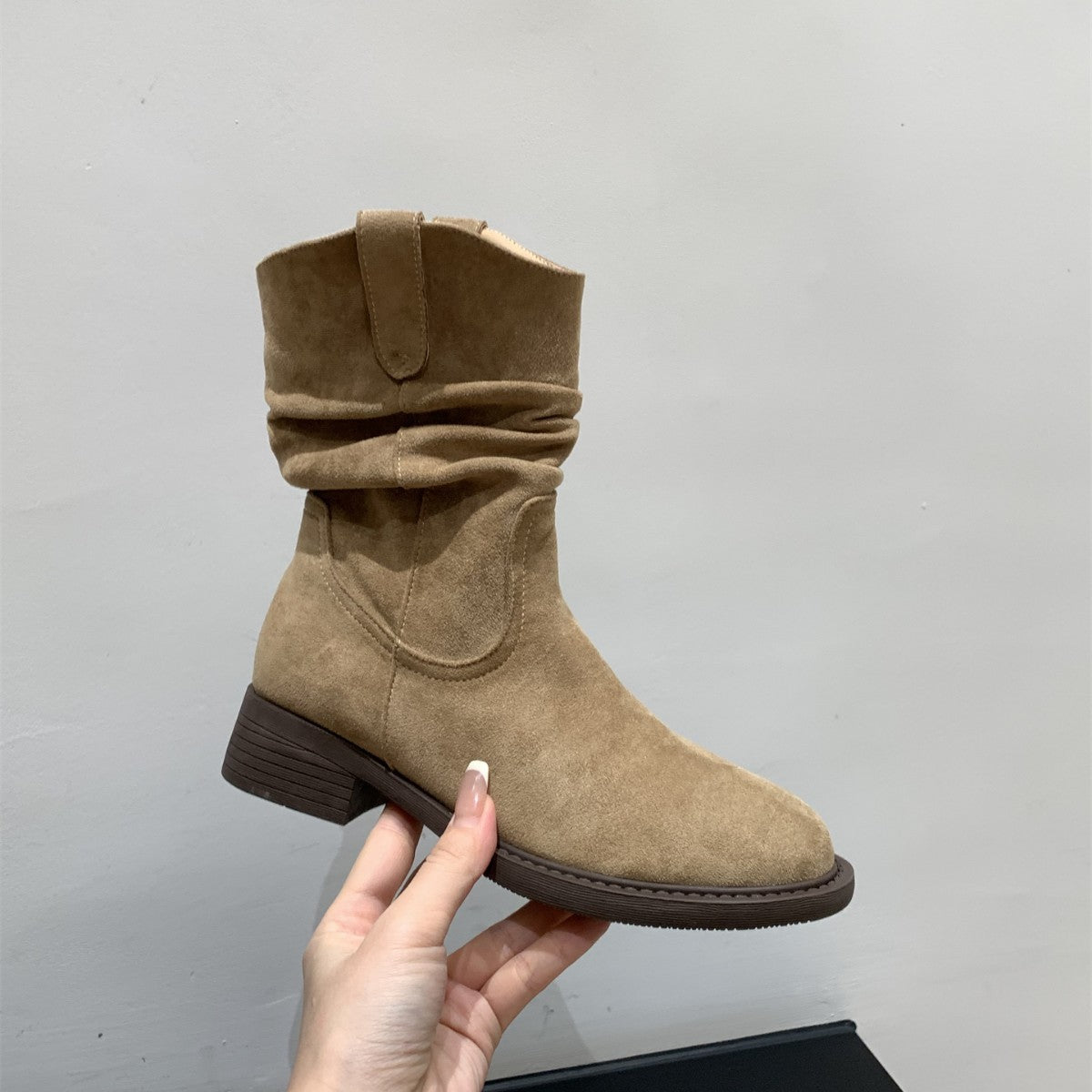 Damen Stiefel Bequem Blockabsatz Geraffter Schaft