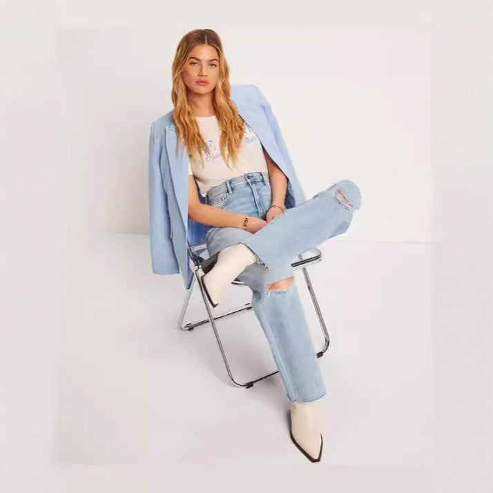 Damen High-Waist Jeans Destroyed Optik Weite Bein
