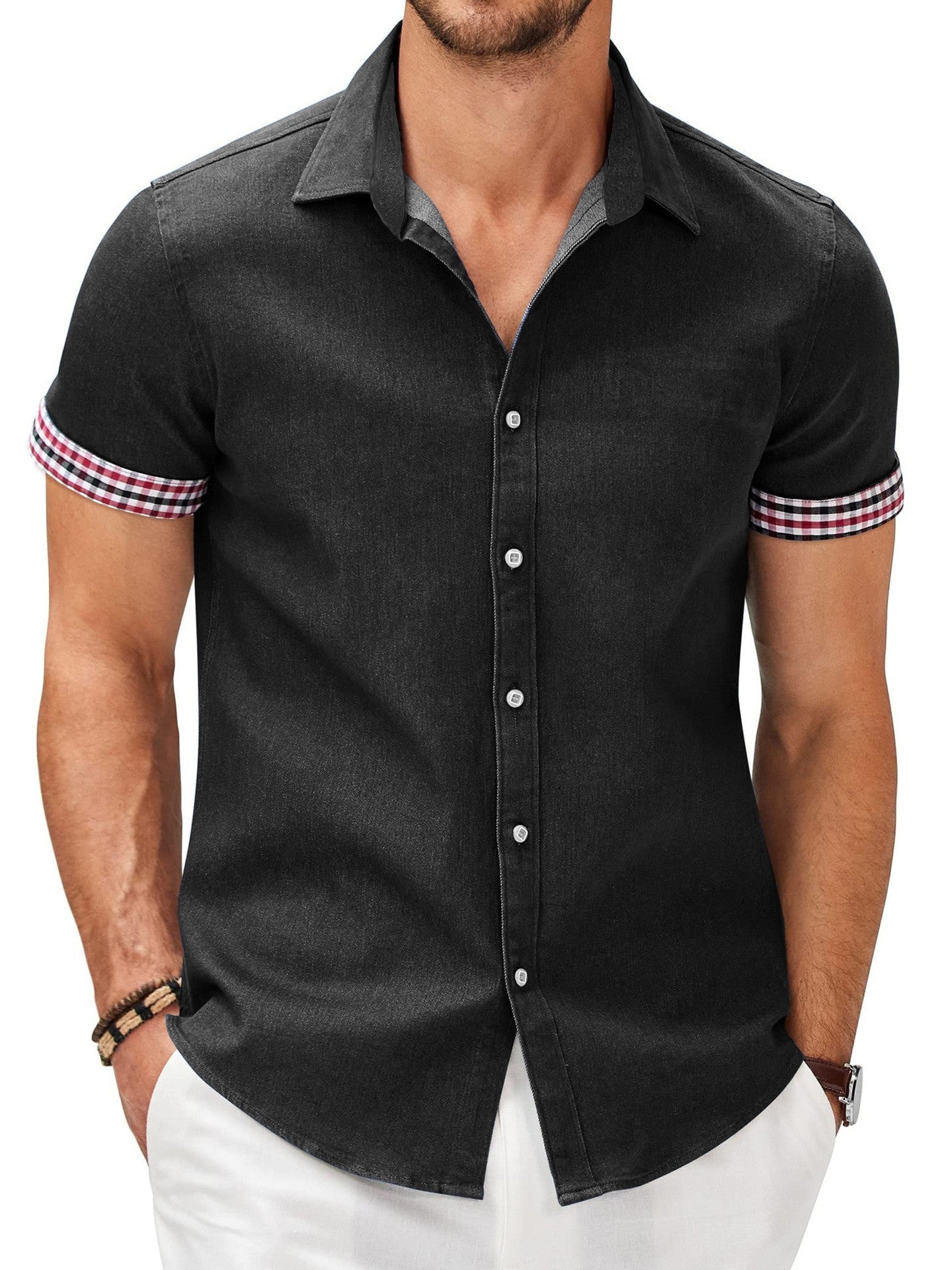 Herren Kurzarmhemd mit modernem Denim-Look und stylischem Karo-Muster BerlinGlamour, der das Leben erleichtert.