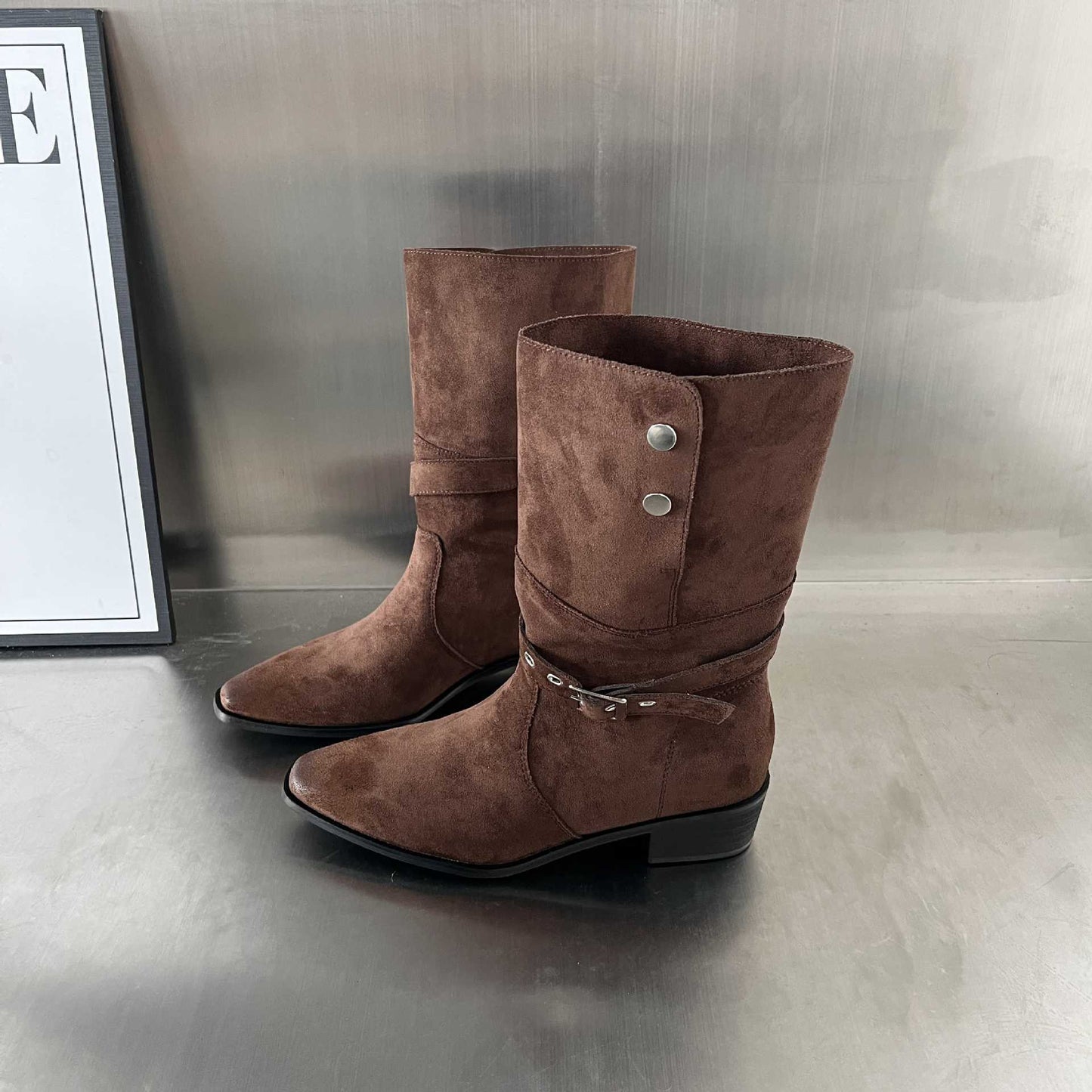 Damen Stiefel Wildleder Elegante Schnalle Schuhe