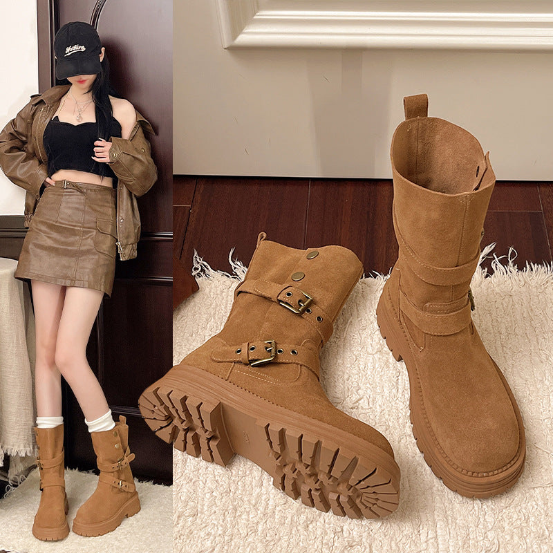 Damen Stiefel Mit Riemen Rutschfest Schwarz