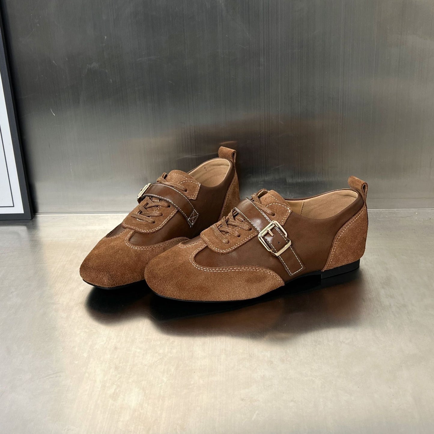 Damen Loafers Elegante Schnallenverschluss Schwarz Lederschuhe