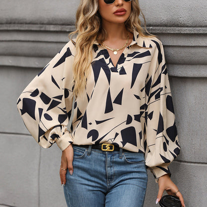 Damen Bluse Modern mit Grafikdruck und Voluminösen Ärmeln
