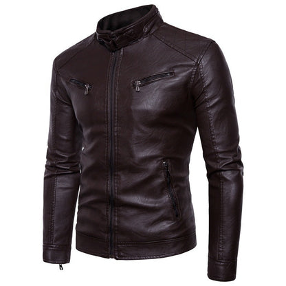 Herren Lederjacke Elegant Stehkragen Motorradjacke Schwarz