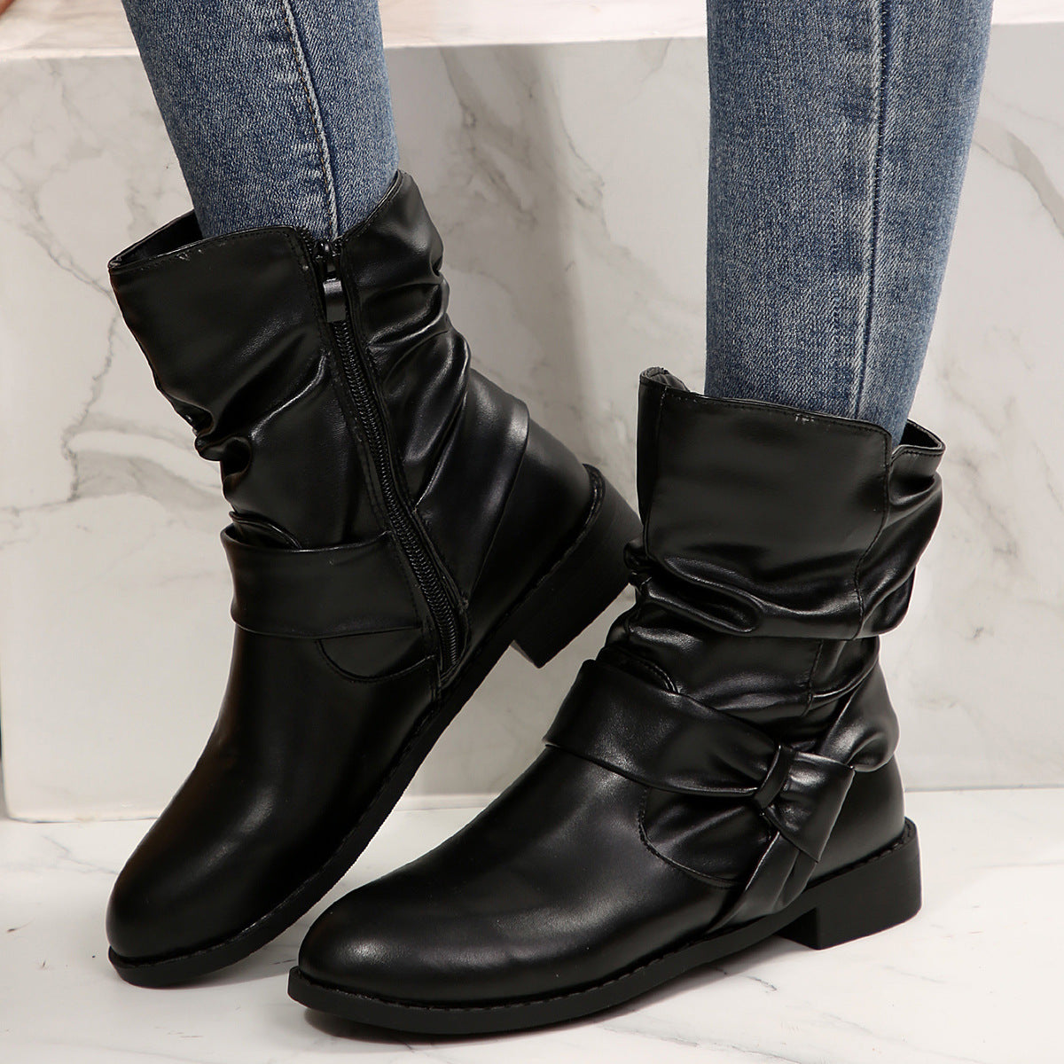 Damen Stiefeletten Modisch Falten Design Schleifenverschluss