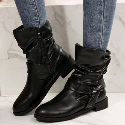 Damen Stiefeletten Modisch Falten Design Schleifenverschluss