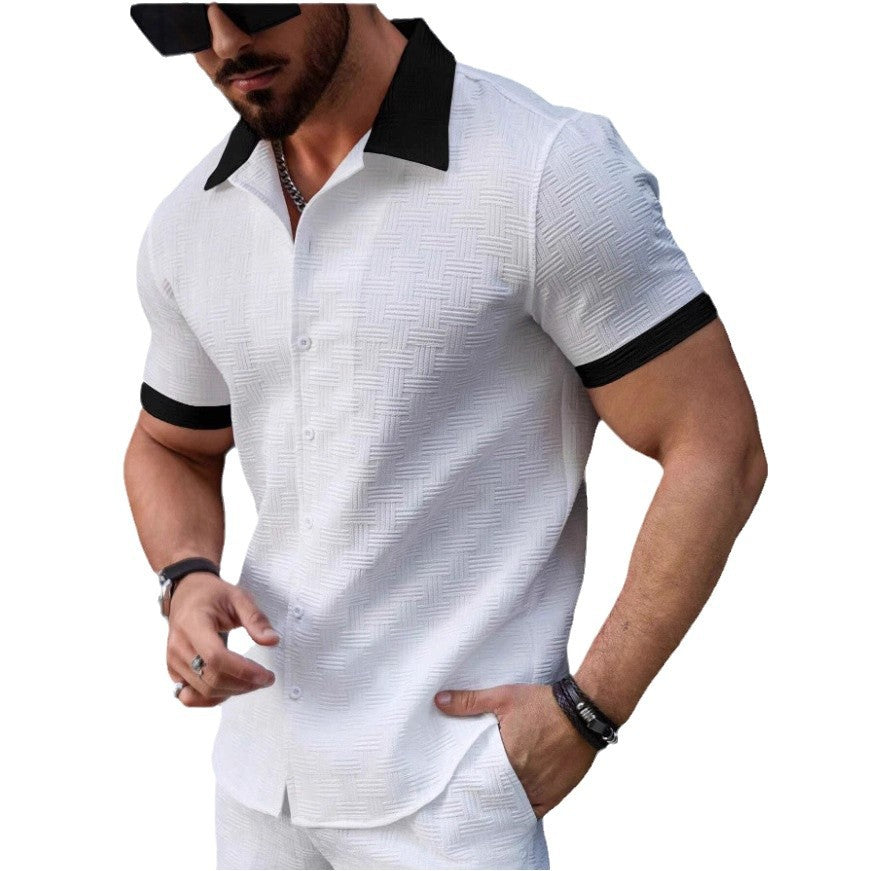 Herren Kurzarm Hemd Strukturstoff Knöpfe Modern