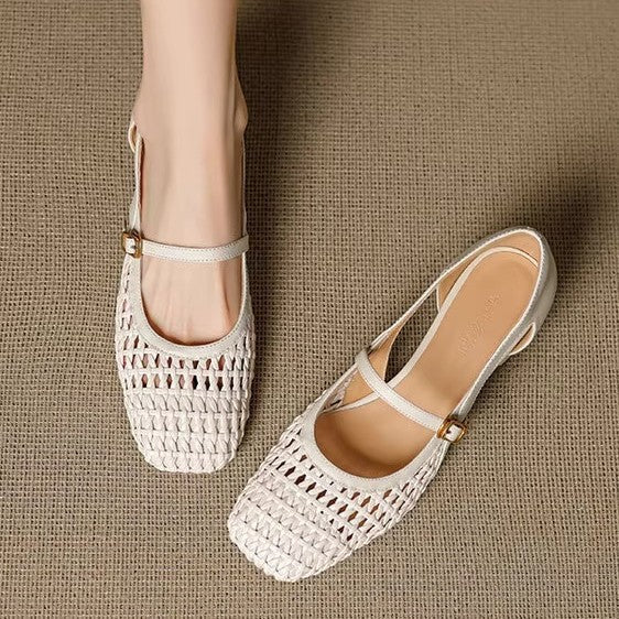 Damen Pumps Elegante Mary Jane Schuhe mit Geflecht Blockabsatz