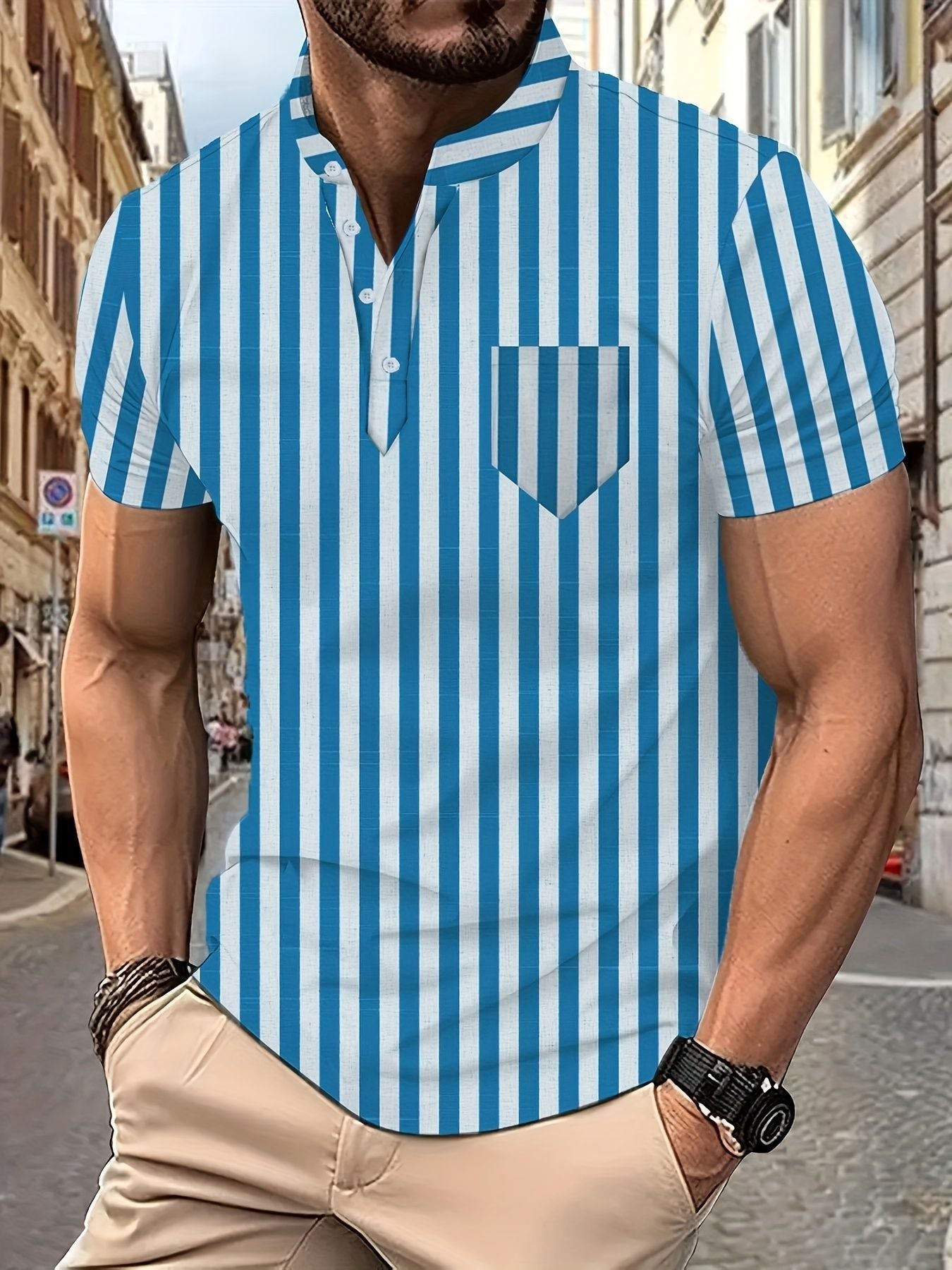 Herren Kurzarm-Hemd Modernes Streifenmuster Berlin Style