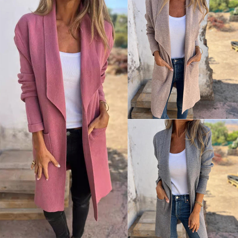 Damen Strickcardigan Lang mit Taschen und Offenen Kanten - BerlinGlamour