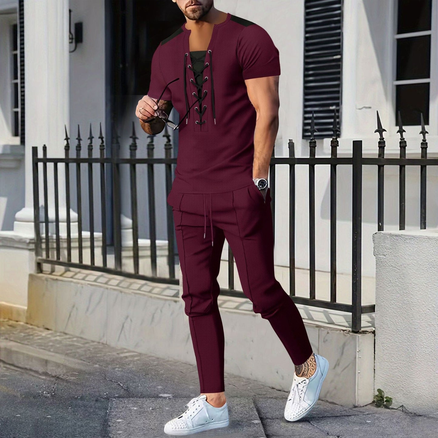 Herren T-Shirt Kurzarm Modern mit Schnürung und Struktur
