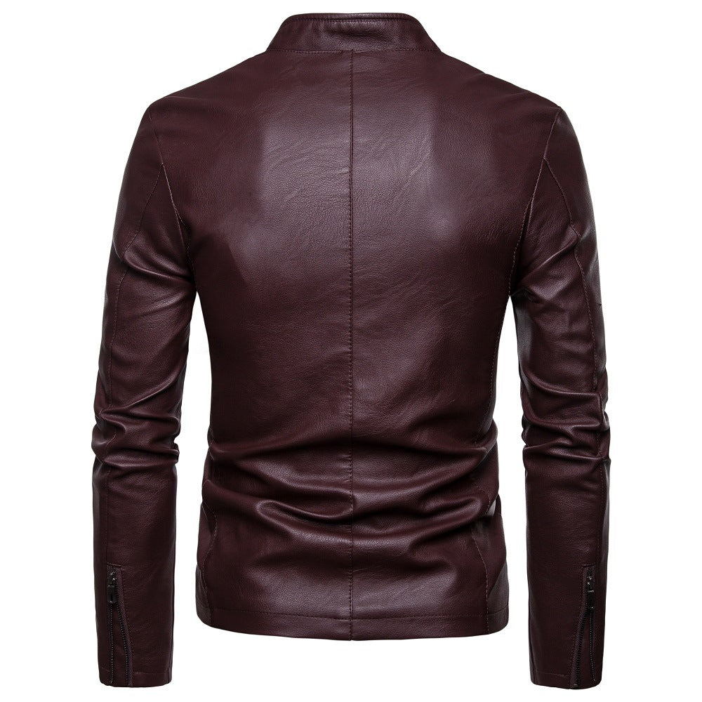 Herren Lederjacke Modern Stehkragen Reißverschlusstaschen