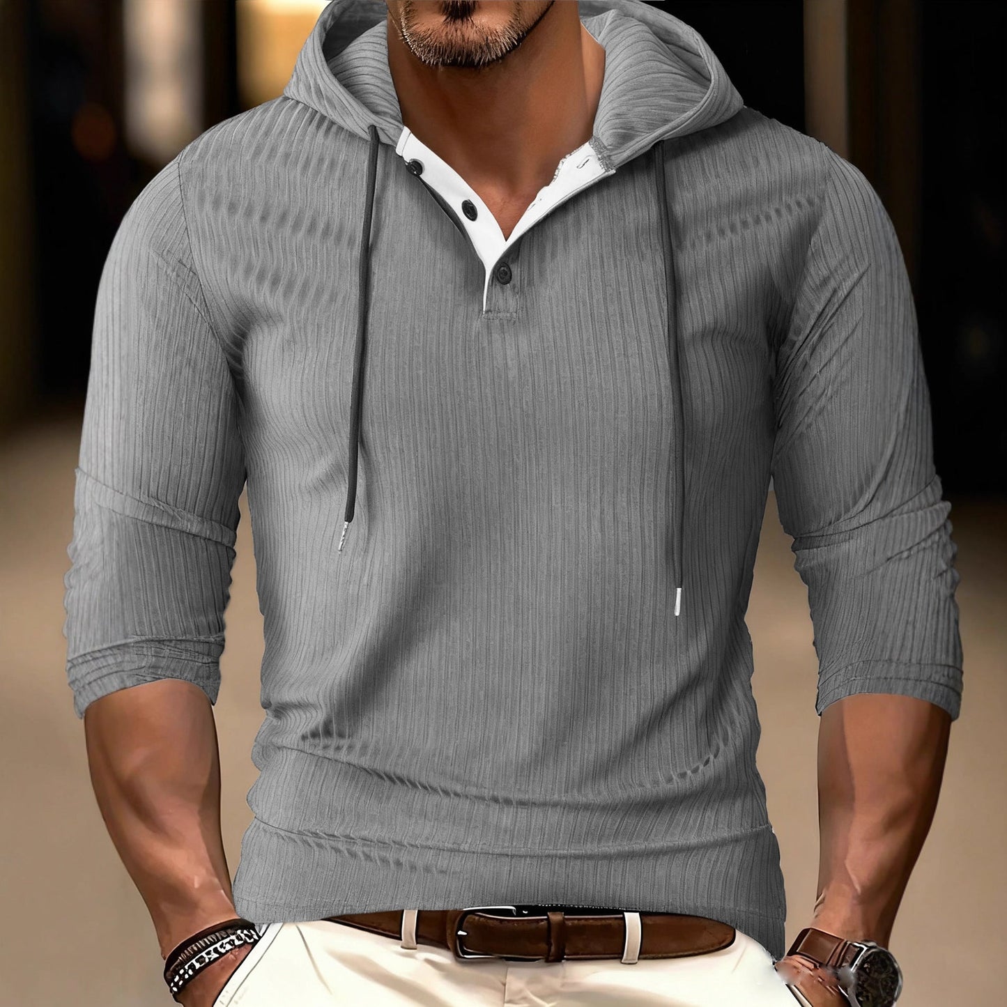 Herren Hoodie Langarm Sportlich Strukturiert Grau