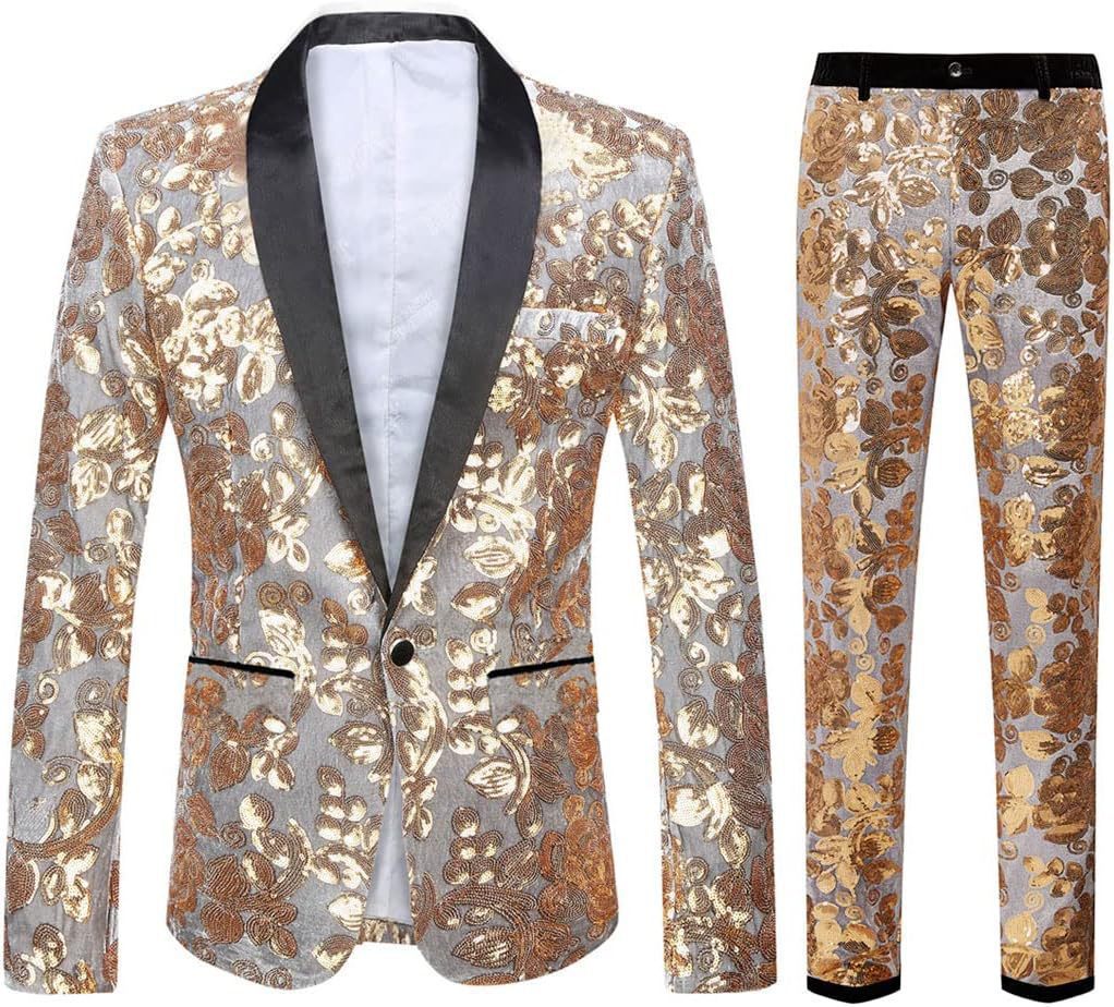 Herren Anzug Samt mit Pailletten Muster Elegant Schwarz