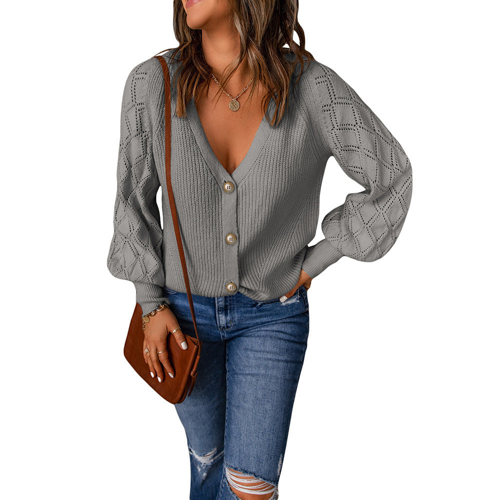 Frauen Strickjacke V-Ausschnitt Puffärmel Modern