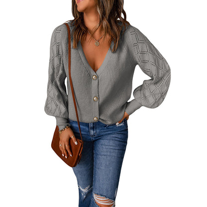 Frauen Strickjacke V-Ausschnitt Puffärmel Modern