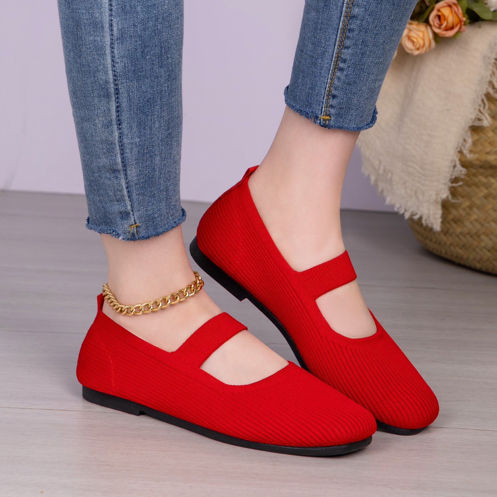 Damen Ballerinas Bequem Strick Elastisch - BerlinGlamour
