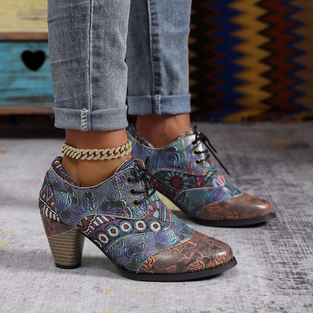 Damen Schuhe Blumenmuster Blockabsatz Robust