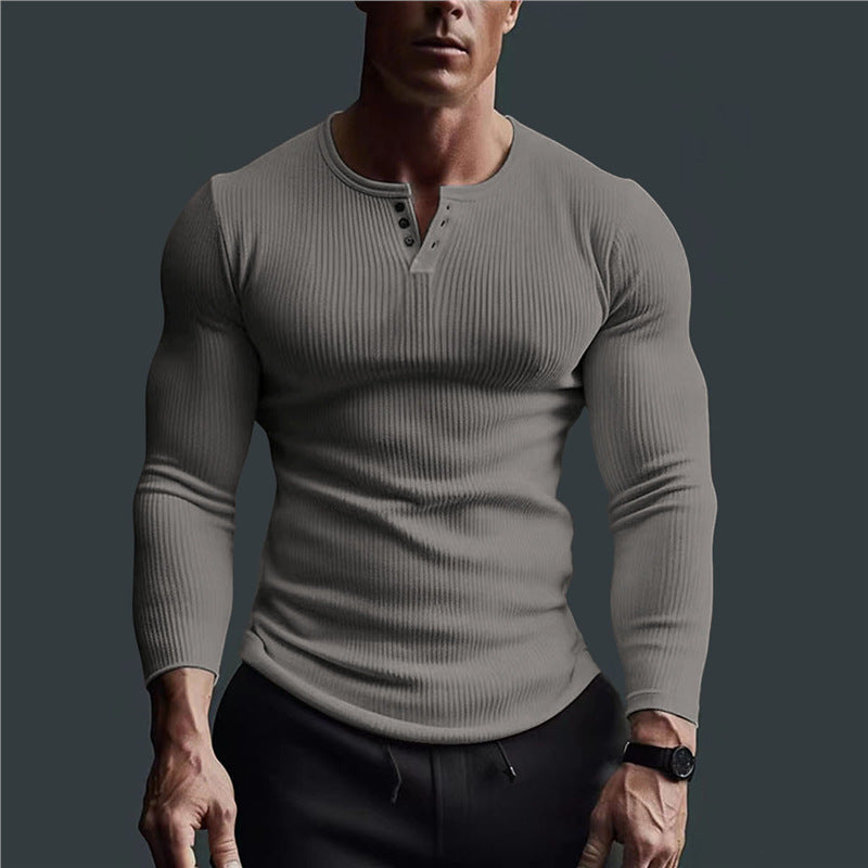 Herren Langarmshirt Slim Fit Rippmuster Knopfleiste