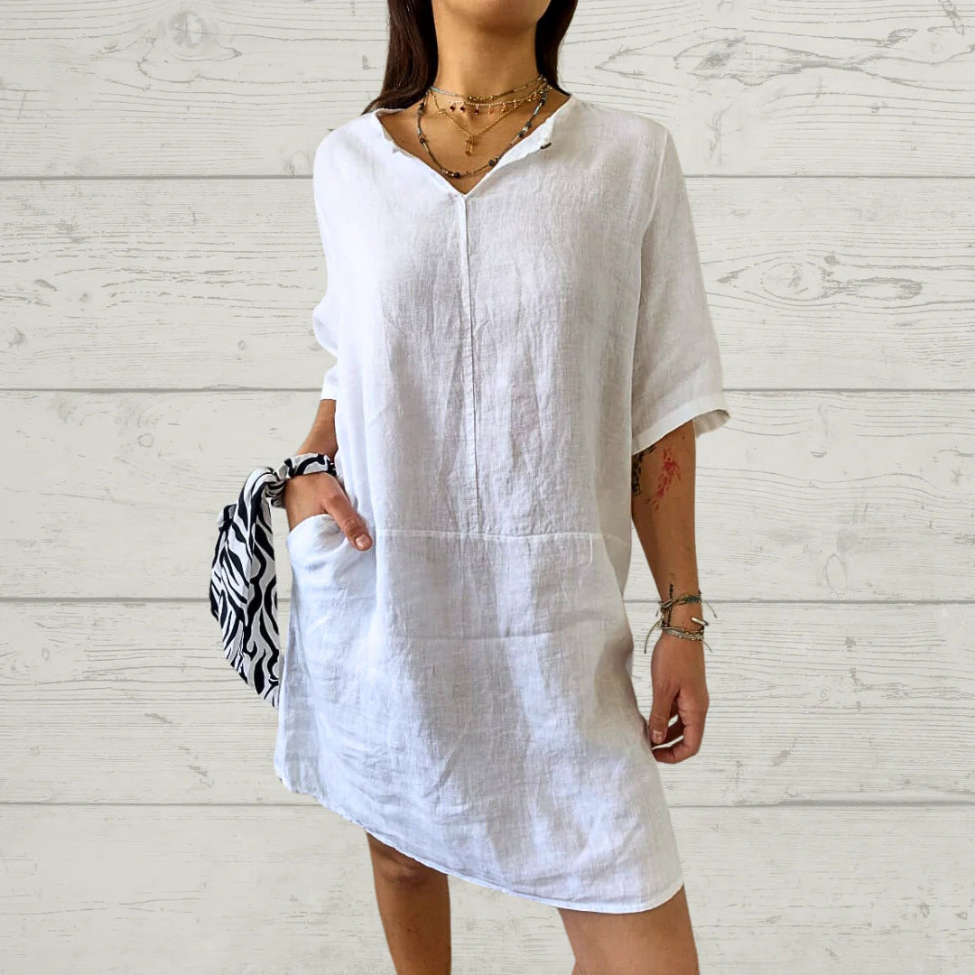 Damen Leinenkleid Sommerleicht mit Knöpfen und Taschen