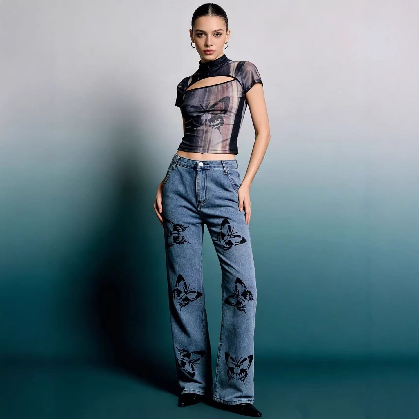 Damen Jeans Hoher Bund Blumenmuster Flare Style