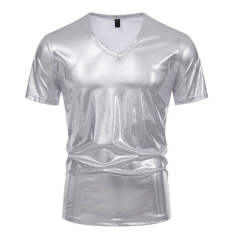 Herren T-Shirt V-Ausschnitt Stretch Glänzend Modern