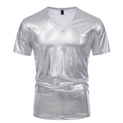 Herren T-Shirt V-Ausschnitt Stretch Glänzend Modern