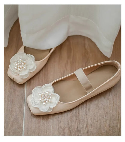Damen Ballerinas Blumen Applikation Elastisch