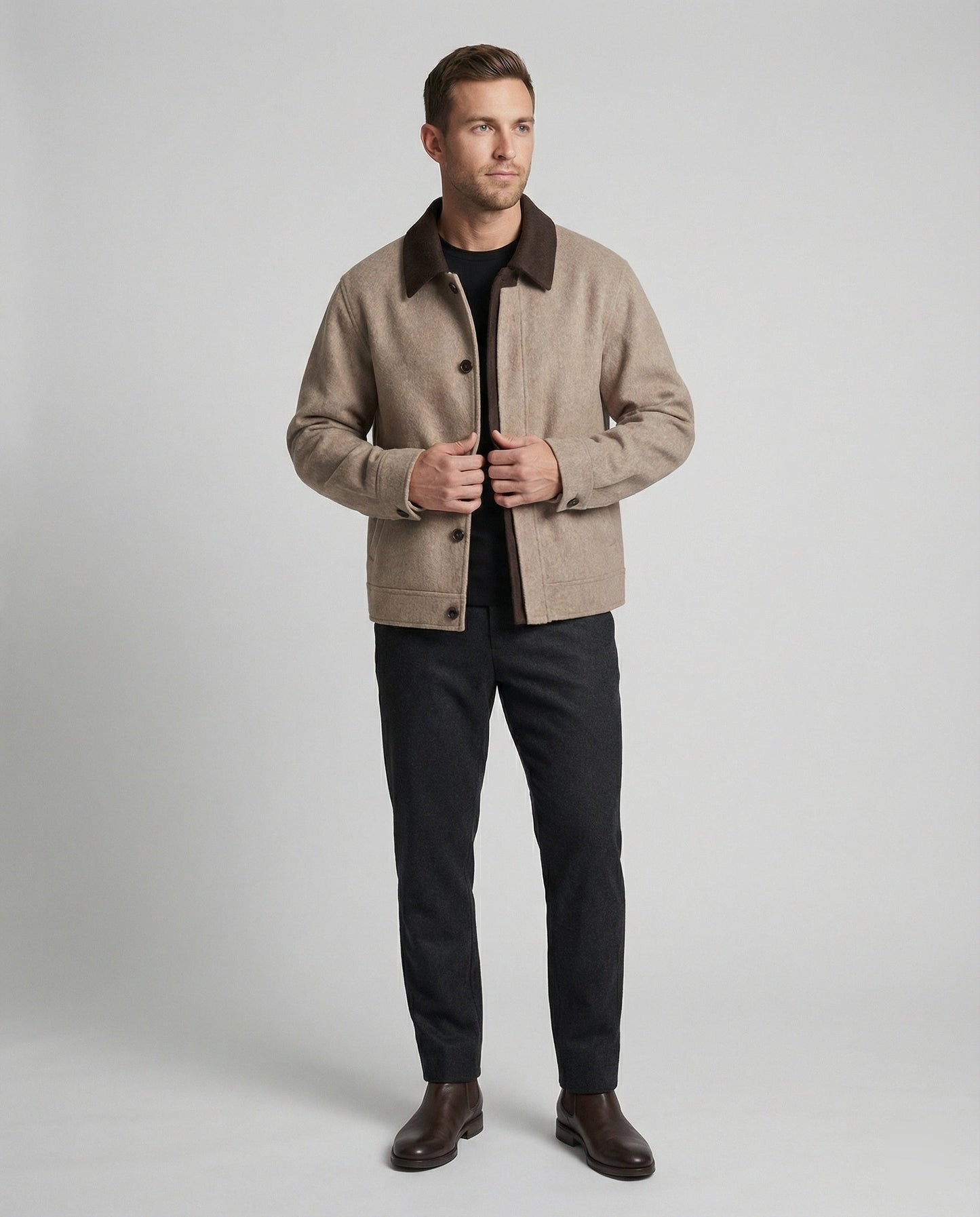 Herren Wollhemdblouson Grau Verdeckte Taschen Modern