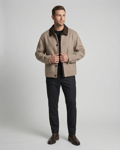 Herren Wollhemdblouson Grau Verdeckte Taschen Modern