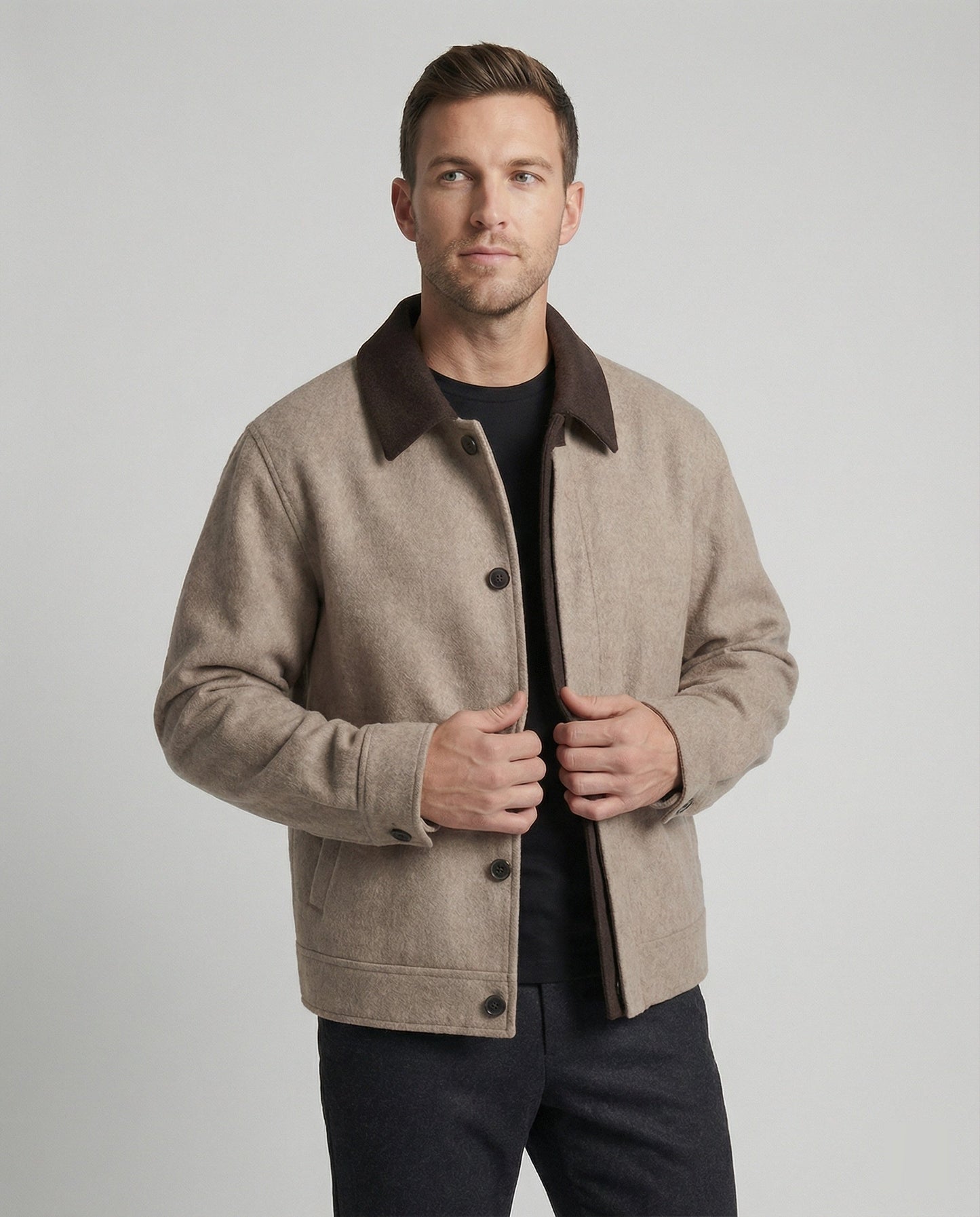 Herren Wollhemdblouson Grau Verdeckte Taschen Modern - BerlinGlamour