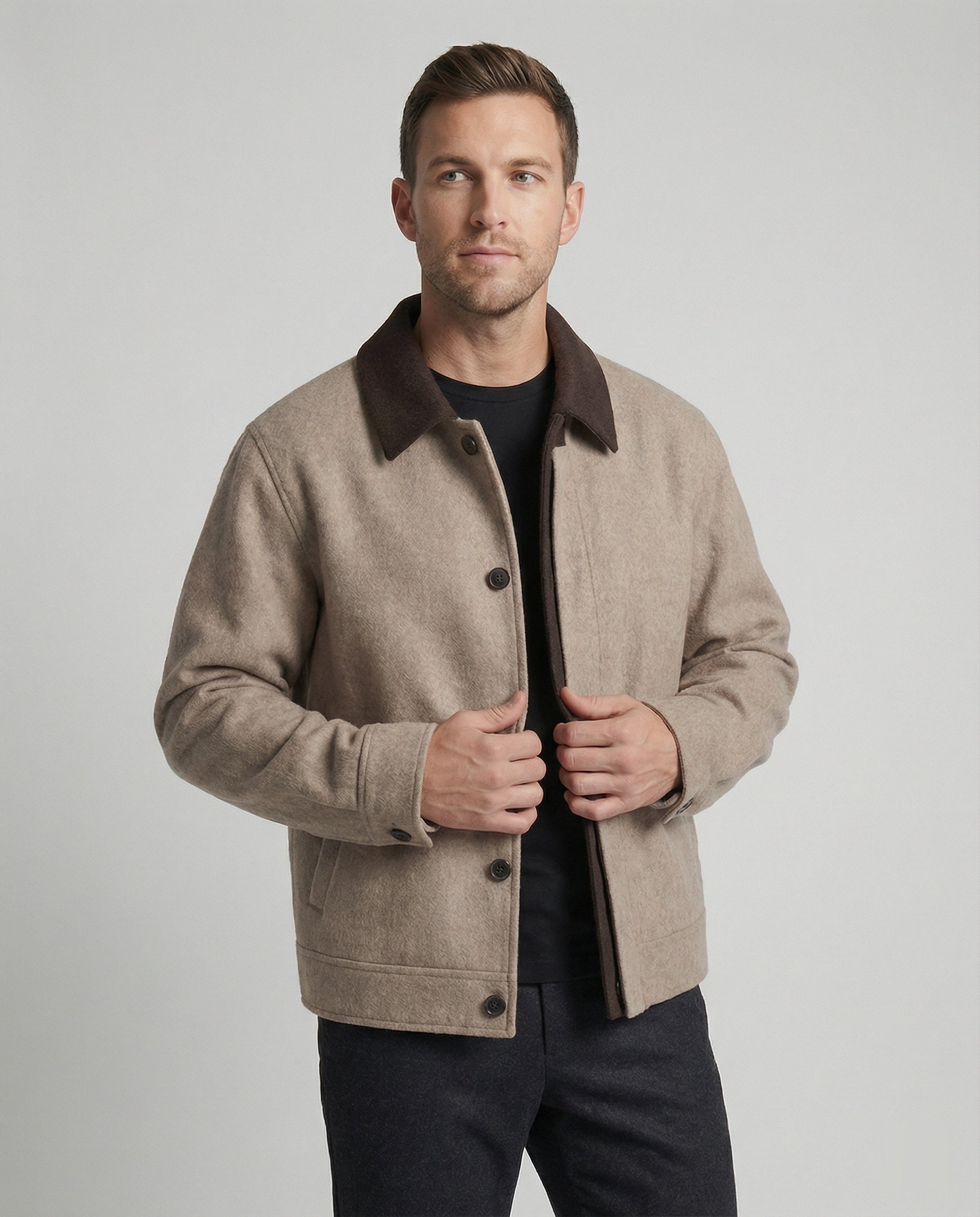 Herren Wollhemdblouson Grau Verdeckte Taschen Modern - BerlinGlamour