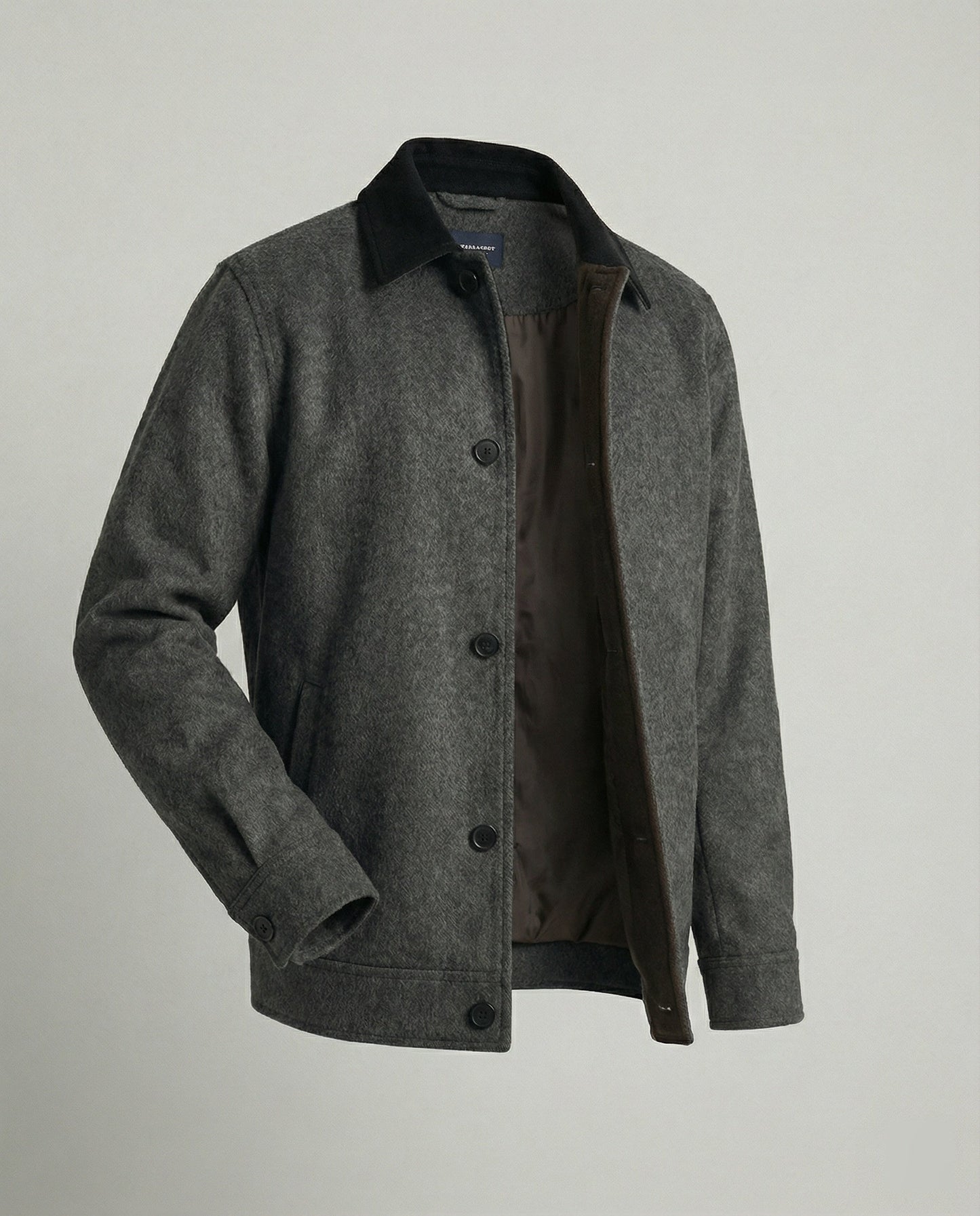 Herren Wollhemdblouson Grau Verdeckte Taschen Modern