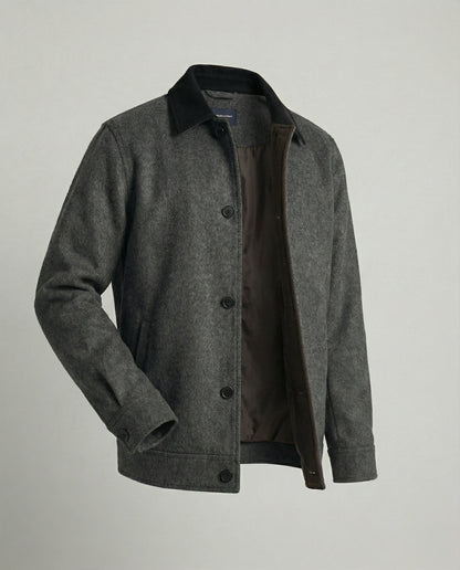 Herren Wollhemdblouson Grau Verdeckte Taschen Modern