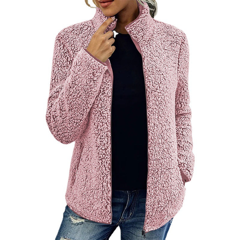 Damen Fleecejacke Flauschig Warm mit Kragen und Taschen