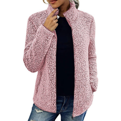 Damen Fleecejacke Flauschig Warm mit Kragen und Taschen