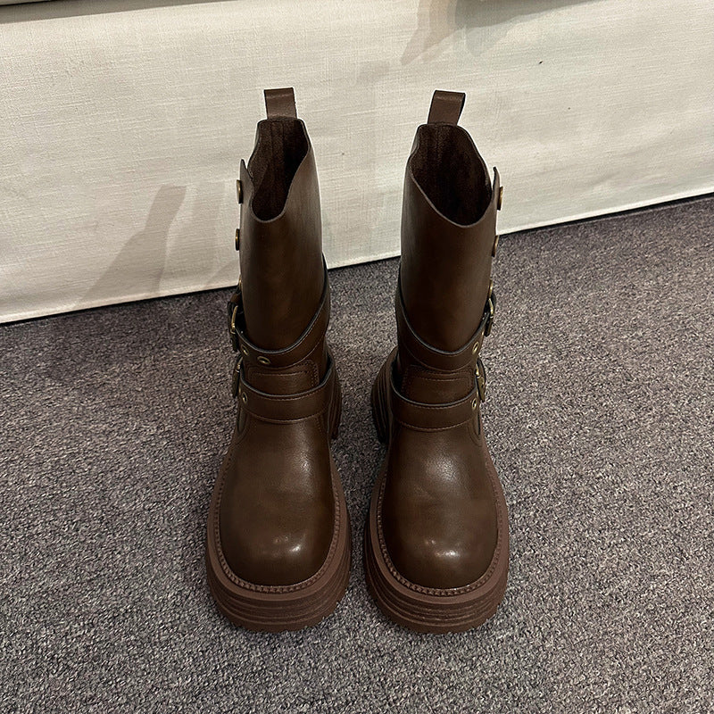 Damen Stiefeletten Schnalle Plateau Schuhe Robust Modern
