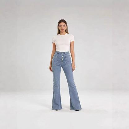Damen Jeans Bootcut High Waist Knopfleiste