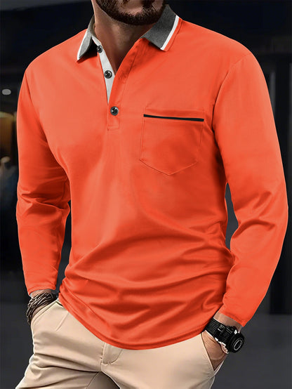Herren Poloshirt Langarm Strukturiert Kragen Tasche Modern