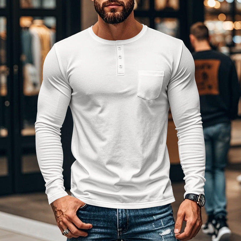 Herren Henley-Shirt Langarm Baumwolle Strukturiert mit Brusttasche