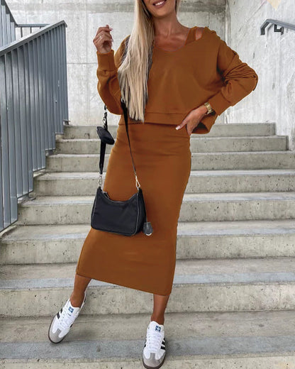 Damen Set Pullover Midi Rock Casual Modern