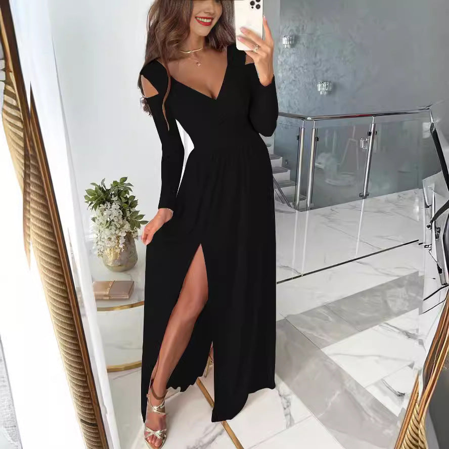 Elegantes Damen Maxikleid mit V-Ausschnitt und Seitenschlitz