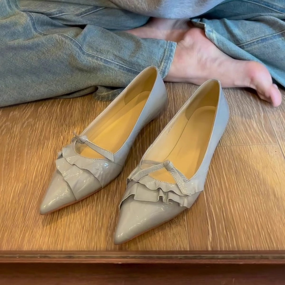 Damen Ballerinas Spitze Lack Schuhe Mit Rüschendetail Elegant