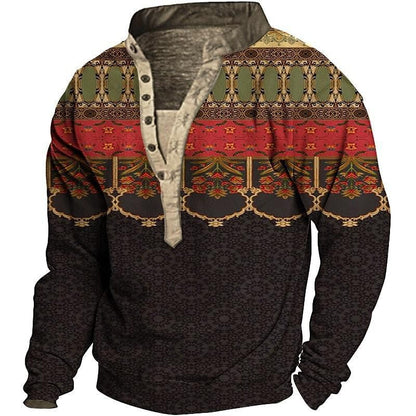 Herren Fleece Pullover Ethno Muster Knopf Detail Modern
