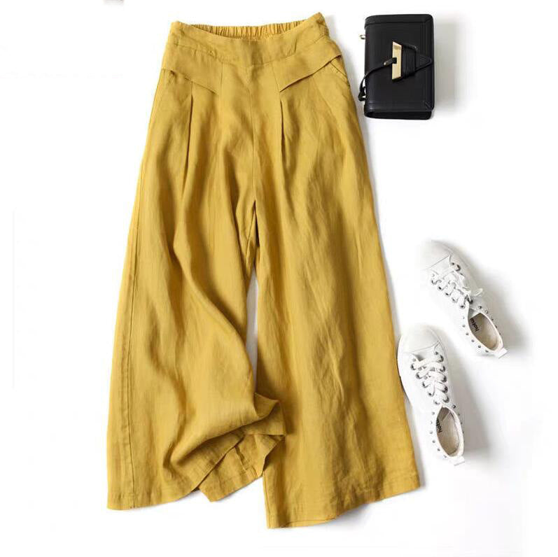 Damen Leinenhose Weit Bequem Mit Hochem Bund