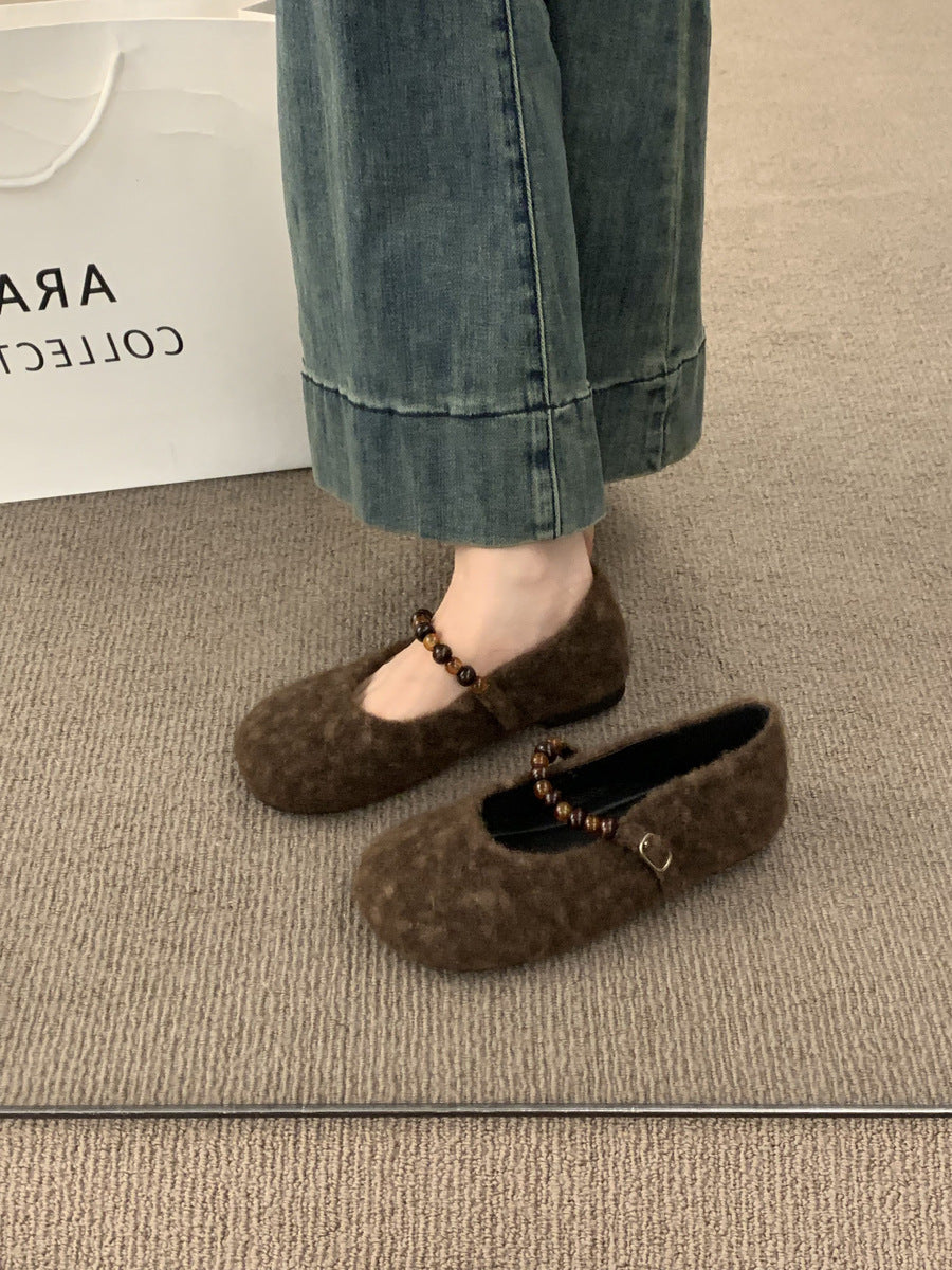 Damen Ballerinas Filz modisch mit Riemchen